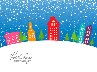 colorful Christmas and New Year card. Vector Illustration. Snow landscape background. xmas holiday greetings