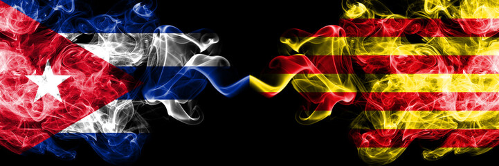 Cuba, Cuban vs Spain, Catalonia, Catalan, Senyera smoky mystic flags placed side by side. Thick...
