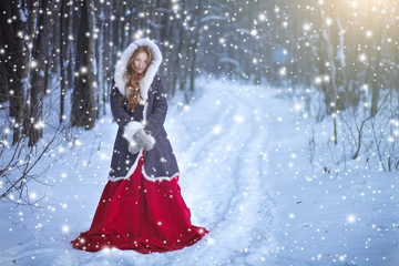 Fairy tale girl in sheepskin coat in magic forest.
