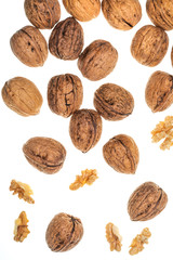 Nuts (whole and open) falling. Isolated on white background.