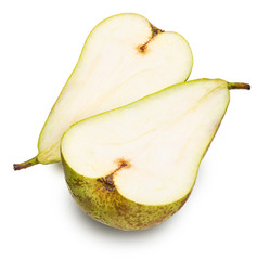 Green pears cut in half (segments), freshly picked from the tree (variety conference, Pyrus communis conference) fresh and raw. Isolated on white background