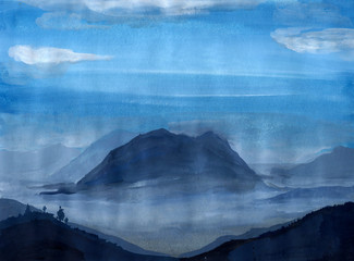 Mountain in dense fog landscape. Hand-drawn, gouache scenery of hills with forest in mist. Blue sky. Heaven. Clouds. Horizontal. Traditional oriental brush painting. Beautiful nature. Winter.Adventure