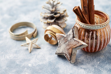 Christmas decoration on rustic wooden background. Close up. 