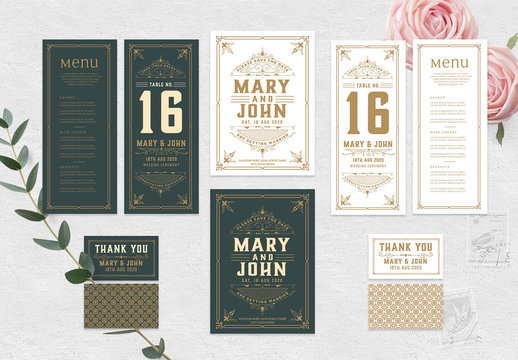 Dark Green and White Wedding Invitation Set with Ornamental Elements