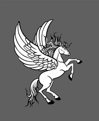 hand-drawn white pegasus reared up with wings isolated