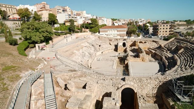 Ancient roman amphitheater of Tarragona, Spain, next to the Mediterranean sea in Costa Dorada, Catalonia, Spain.The Archaeological Ensemble of Tarraco is declared a UNESCO World Heritage Site Ref 875