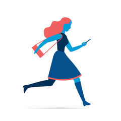 Vector illustration of a girl in a dress running with a bag and mobile phone isolated on white background 