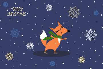 Merry Christmas. Vector illustration on a blue background with falling snowflakes. Text.   Joyful, cheerful fox in a scarf that skates.