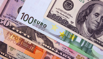 Fototapeta na wymiar Euro and US dollars close up