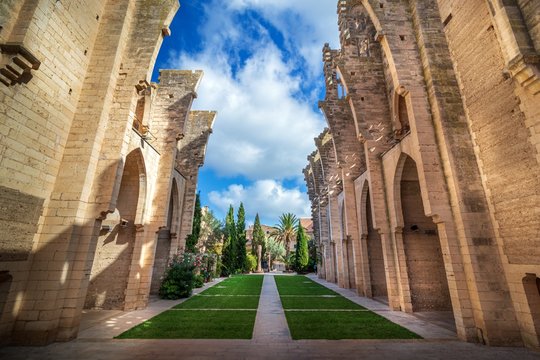 Esgesia Nova Spanish church without roof, entrnce of palm trees leading into garden, sunny day with blue sky and white clouds, Son Servera, Mallorca, Spain