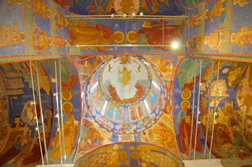 Obraz premium Suzdal, Russia - July 26, 2019: Painting of the Transfiguration Cathedral in the Spaso-Evfimiev monastery. The Golden ring of Russia