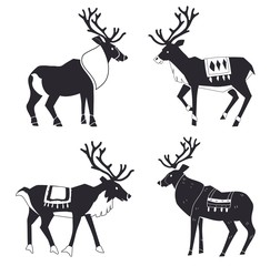 Reindeer Silhouettes. Scandinavian style. Merry Christmas and New year. Design element poster, banner, invitation, congratulations, postcards.