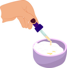 female hand adds essential oil to the mask Woman is preparing , Ecological Herbs and Plants Ingredients for Alternative Cosmetic. Vector Flat Style Illustration