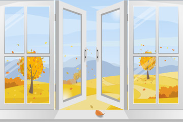 Vector illustration room interior design open the window. Meadow view in autumn outside the window. Sunlight and fall leaves  in colorful season. Landscape view clear blue sky. Tree, mountain, clound.
