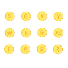 Flat vector ilusstration style. World of currency. Gold coins with symbol of currency worldwide on white background.