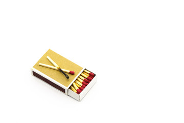 Matchbox that half open and see matches sticks inside and one was burn out, on white background