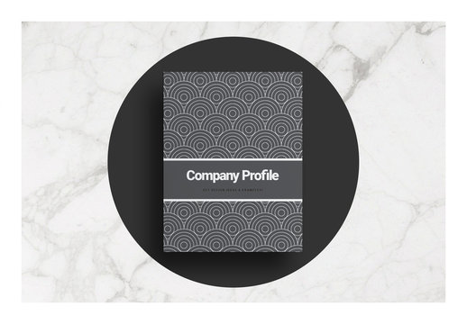 Dark Company Profile Layout with Concentric Circle Pattern Elements