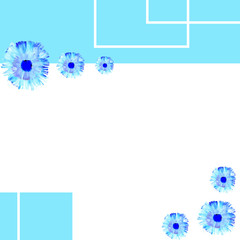 white and blue rectangles on a white background together with blue flowers, watercolor stain, abstraction, pattern element, for the design of a notebook or a glider