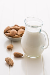 Jar of almond milk with almond nuts