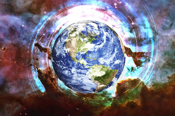 Planet Earth near black hole with flashes of light somewhere in deep space with cosmic dust and...