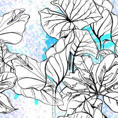 Floral Black and White Pattern. Blue Artistic