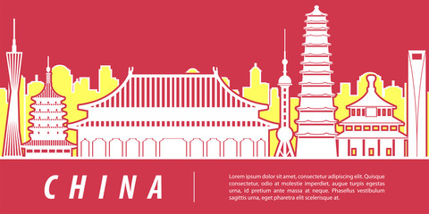 China famous landmark silhouette with red and yellow color design,vector illustration