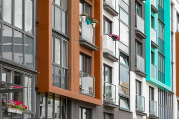 Naklejka premium Close-up of house building's balconies and windows