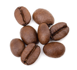 Coffee beans isolated on white background. Top view