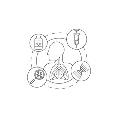 Lungs system inspection concept. Pulmonology of human vector illustration for website, logo, app icon, banner. Medical research for Fibrosis, Asthma, Tuberculosis, Pneumonia, Cancer. Lung line art Vec