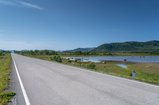 empty road by swamp on fjord shore at Sellevollvalan, Norway