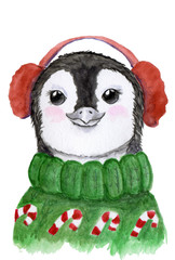 watercolor penguin in a sweater and headphones isolated on white