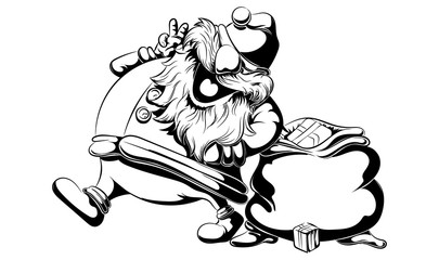 Santa Claus has prepared a bag with gifts for the holidays in black and white style