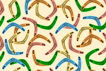 seamless pattern with colored boomerangs and inscription karma - obrazy, fototapety, plakaty