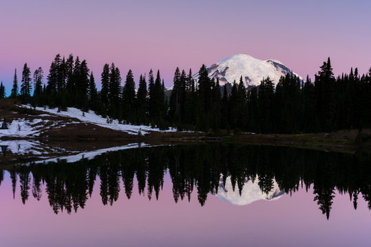 Reflection of Mount Rainier at dawn, Tipsoo Lake, Mount Rainier National Park, Washington State