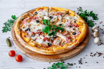 Italian fast food. Delicious hot pizza sliced