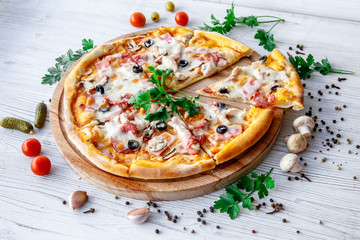 Italian fast food. Delicious hot pizza sliced