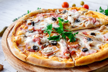 Delicious hot pizza slicedItalian fast food. 