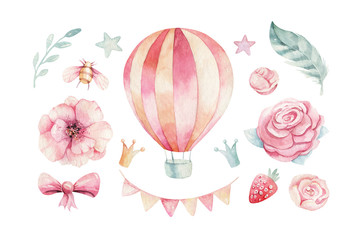 Baby shower kid swan watercolor girl design butterfly cartoon elements. Set of baby pink dress and baby's bootees birthday illustration. Newborn rainbow party invitation