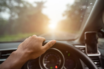 View on the dashboard of the truck driving.The driver is holding the steering wheel. Forest road is in front of the car