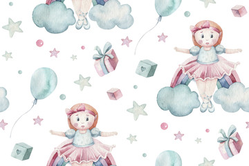 Baby shower kid swan watercolor girl seamless pattern butterfly cartoon elements. Set of baby pink dress and baby's bootees birthday illustration. Newborn rainbow party invitation