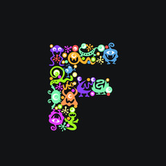 Monster font. Letter F made of yellow, pink, green, blue, orange blots, eyes and funny monsters on a black background
