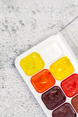 Watercolor paint top view on a white background