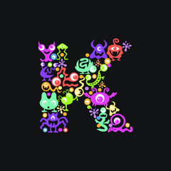 Monster font. Letter K made of yellow, pink, green, blue, orange blots, eyes and funny monsters on a black background