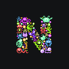 Monster font. Letter N made of yellow, pink, green, blue, orange blots, eyes and funny monsters on a black background