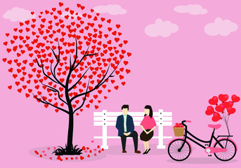 Naklejka na ściany i meble Valentine's Day background with lovers sitting in a silhouette, Heart-shaped trees and pink bikes