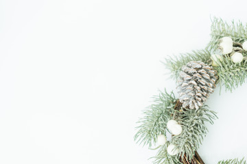 Top view of Christmas round wreath made of natural with pinecones winter and Christmas concept.Flat lay background for text.