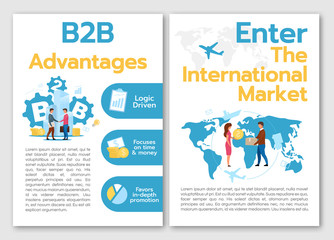 Obraz na płótnie Canvas B2B Advantages brochure template. Flyer, booklet, leaflet concept with flat illustrations. Enter international market. Vector page cartoon layout for magazine. advertising invitation with text space