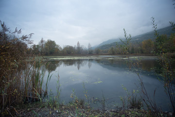 Autumn panorama, bad wheater on lake