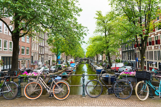 Bicycles on a bridge, Bloemgracht Canal, Amsterdam, North Holland, The Netherlands