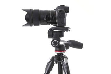 Side-view of professional camera device with big camera glass isolated